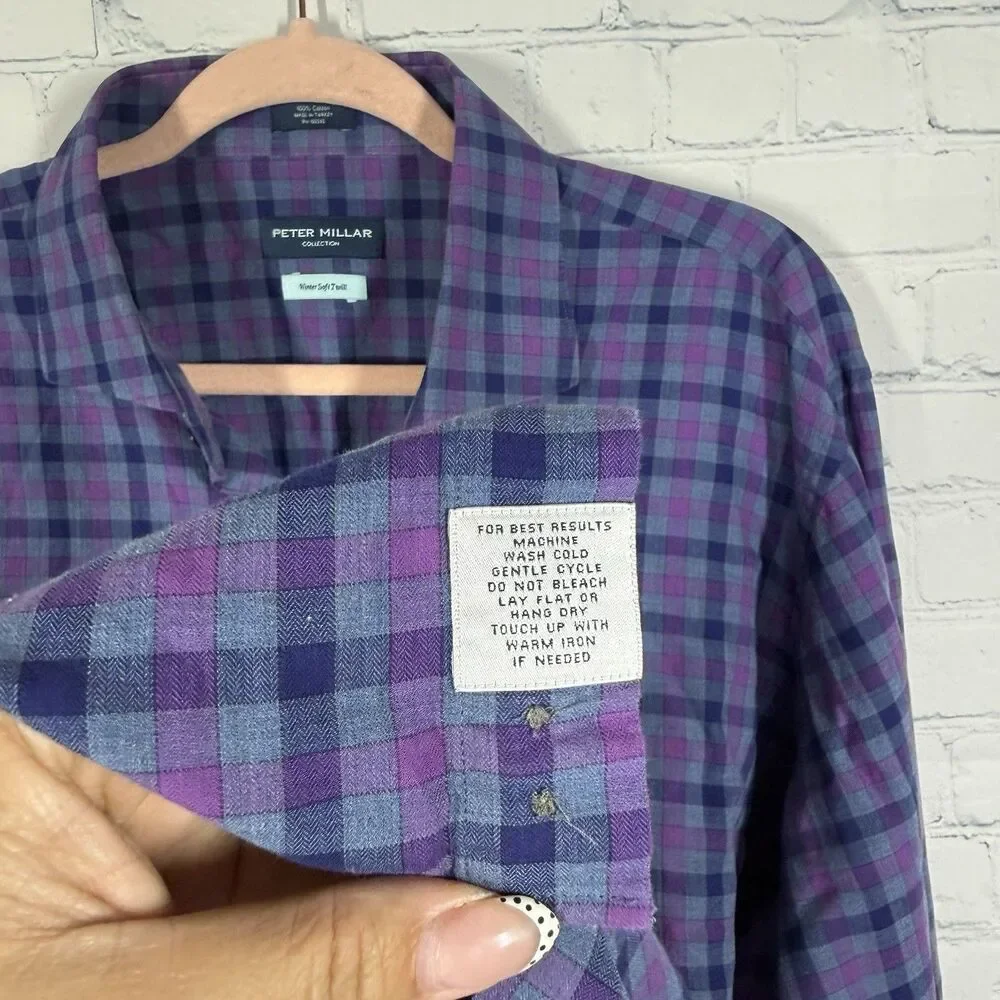 Peter Millar Winter Soft Twill Collection Shirt Mens XL Purple Blue Plaid Preppy